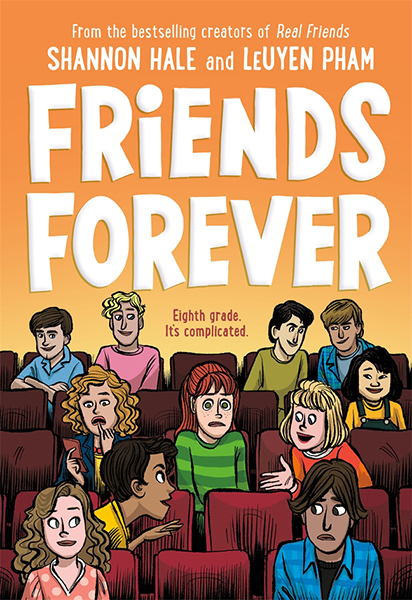 An illustration of a group of diverse eighth-grade students with a mix of expressions, capturing the complexity and drama of middle school life, as they sit in what appears to be a theater or auditorium.