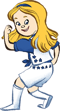 Illustration of a cheerful young girl with blond hair, wearing a blue and white dress with star patterns, confidently striding forward.