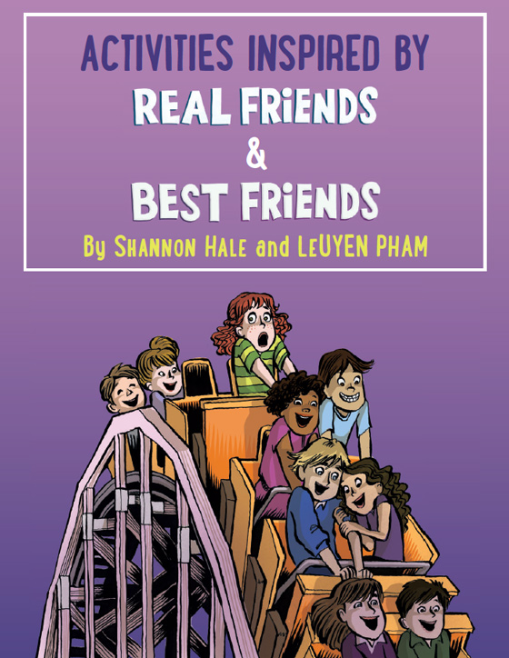 A group of animated kids enthusiastically participates in a lively and fun roller coaster ride, evoking a sense of friendship and adventure. the image serves as a cover for a book titled "activities inspired by real friends & best friends" by shannon hale and leuyen pham, suggesting that the content is likely to offer engaging activities based on themes of friendship.