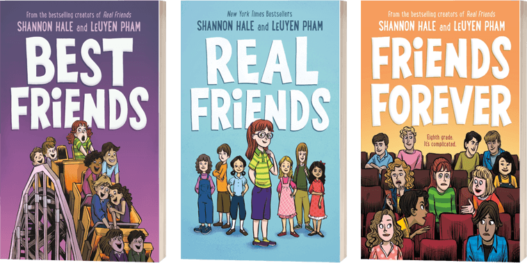 Three colorful book covers for a series about friendship, each depicting cartoon-style illustrations of a group of children at different stages of their relationships, with titles that hint at the evolution of their bond: "best friends," "real friends," and "friends forever.