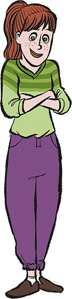 A cartoon of a young woman with red hair, glasses, and a skeptical expression, standing with her arms crossed, wearing a striped green-and-white top and purple pants.